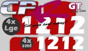Number Pack 2 Digit - 4x Rear & 4x Side WHITE Numbers AND Decal pack with Rear Bumper Decal RED